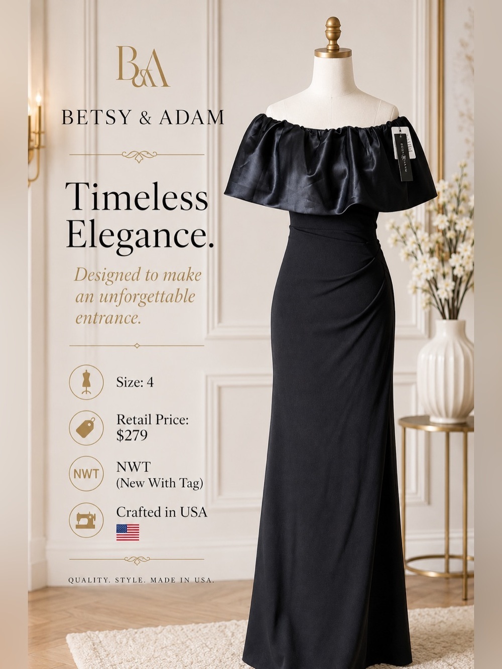 Betsy & Adam Black Off The Shoulder Satin Ruffle Scuba Gown Dress Size 4 NWT